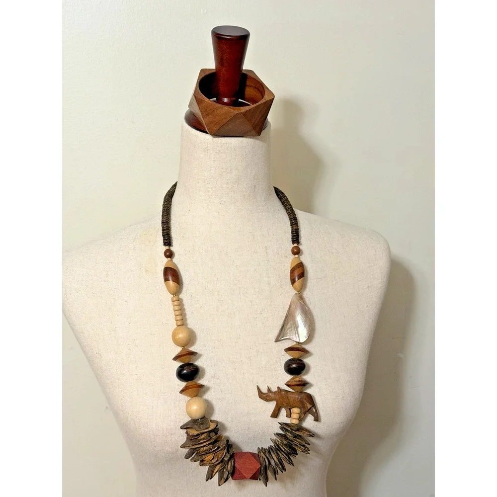 Wood Jewelry Lot Statement Necklace Geometric Bangle Boho Tribal Artisan Shell
